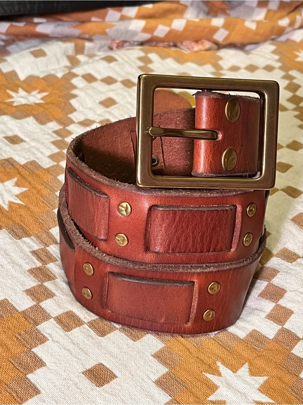 Lucky Brand brown woven leather studded belt men’s size 32 chunky brass buckle